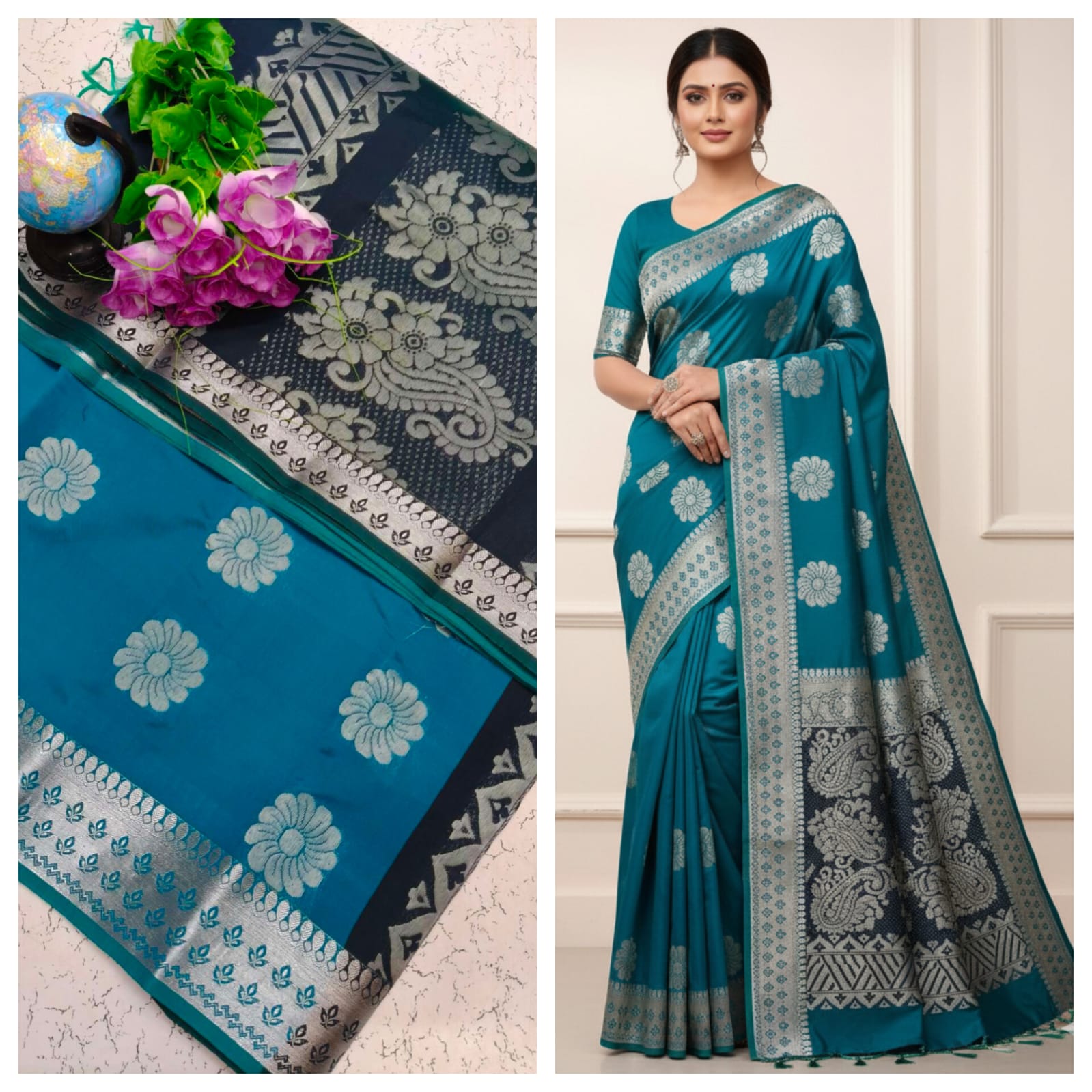 Kotta Cotton Silk Saree Teal Blue